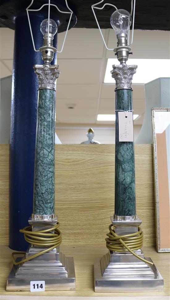 A pair of modern marble and brass table lamps with silk shades, 59cm